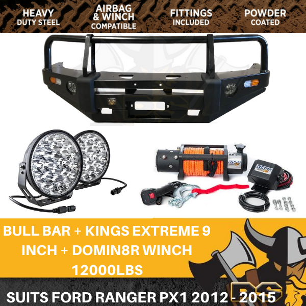 PS4X4 Deluxe Steel Bull Bar + Kings Winch combo to suit Ford Ranger 2011-2015 PX1