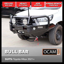 Load image into Gallery viewer, OCAM Deluxe Steel Bull Bar For Toyota Hilux N80 10/2018-Current, OCAM 9.5k Winch + 9' LED Spot Lights
