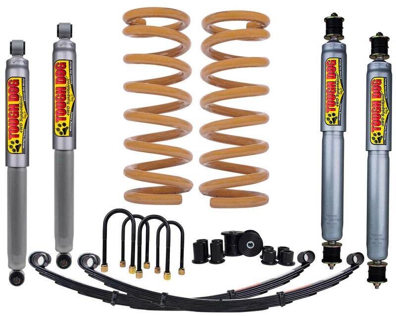 Tough Dog Lift Kit for Toyota Landcruiser 79 Series Dual Cab, Front: No Bullbar / Alloy Bullbar, Shocks: 45mm Adjustable, Rear: Heavy 500Kgs+ Constant