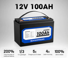 Load image into Gallery viewer, ATEMPOWER 12V 100Ah Lithium Battery LiFePO4 Deep Cycle Battery
