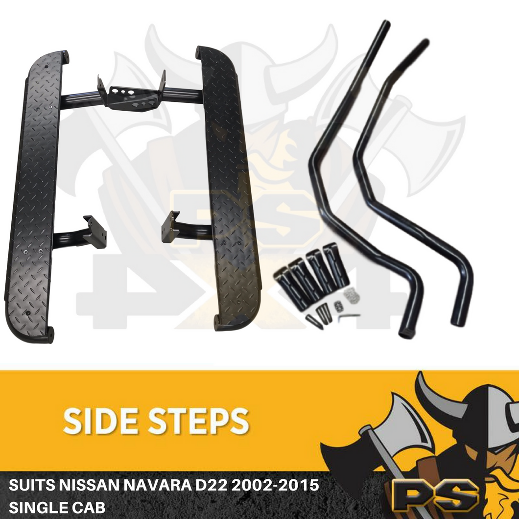 Single Cab Steel Side Steps + Brush Bars to suit Nissan Navara D22 2002-2016