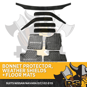 Bonnet Protector, Window Visors & Floor Mats To Suit Nissan Navara D22 2002-2015 Weathershields