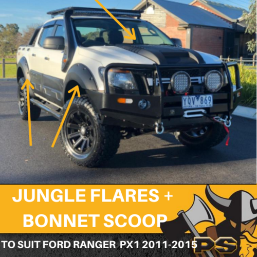 FENDER JUNGLE FLARES + BONNET SCOOP COMBO FORD RANGER PX1 2011-2015 6 PIECE