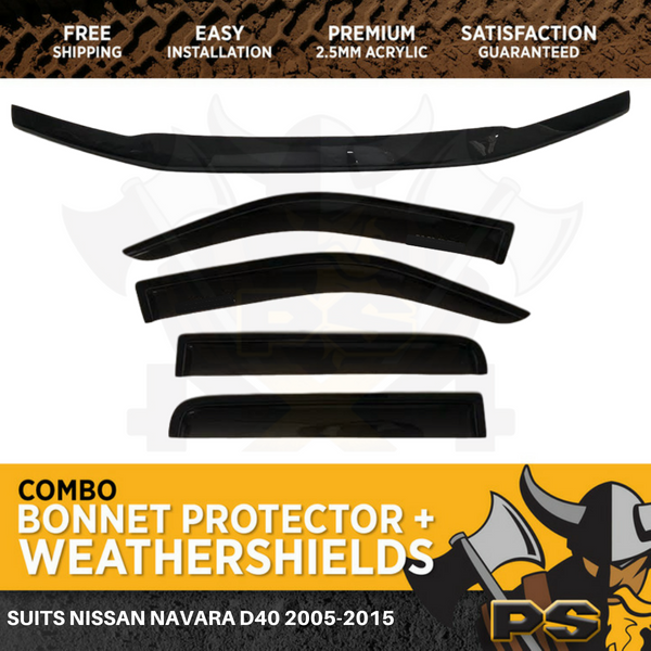 2005-May/2010 Nissan Navara D40 Bonnet Protector & Window Visors Weather Shields